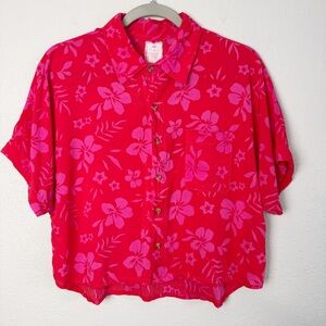 MAI red pink hibiscus button front blouse bamboo Hawaiian S